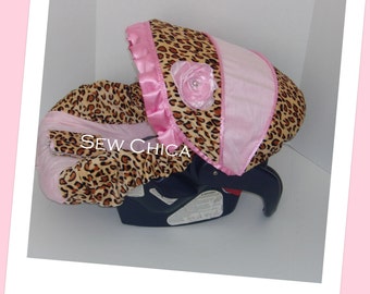 SALE-Light Pink Minky/Leopard MInky Infant Baby Car Seat Cover with Bling Flower~Ready To Ship
