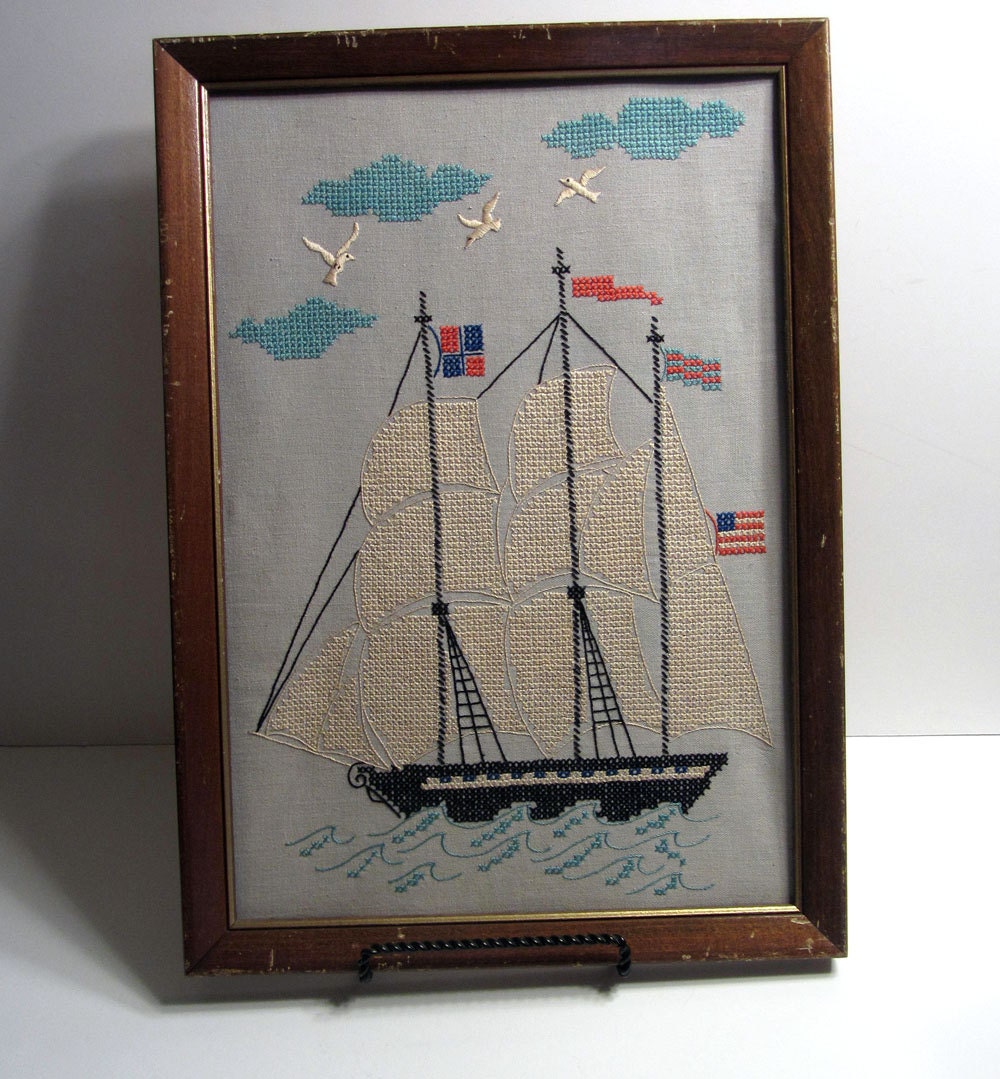 vintage cross stitch / nautical / sail boat / ship / flags