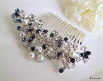 Bridal Rhinestone Hair Comb, Wedding Rhinestone Hair Comb, flower Rhinestone Hair Comb, Swarovski Crystals, Something Blue hair comb, NAYA