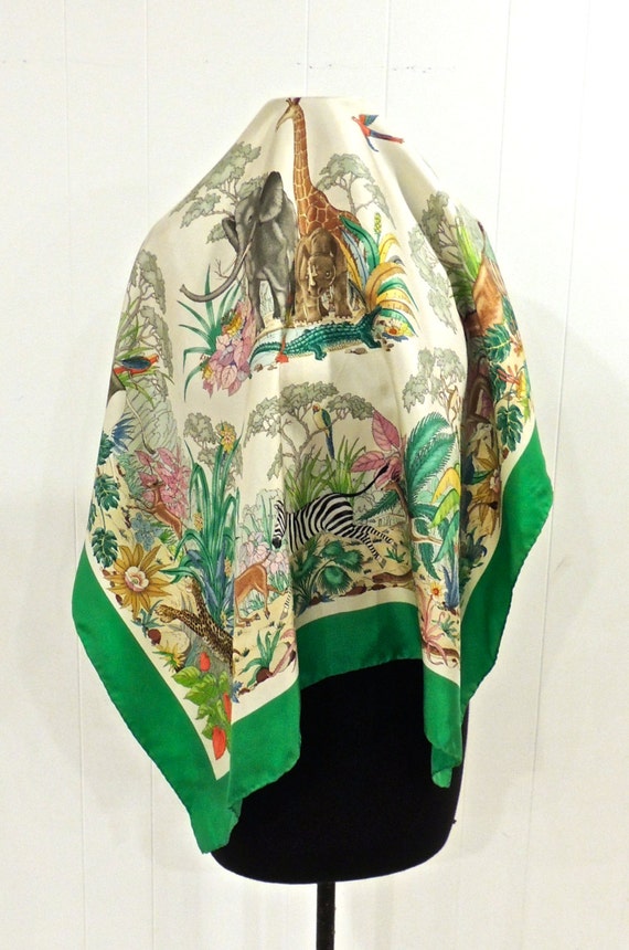 Vintage Gucci Scarf 1960s 70s Green Animal print 100 Silk