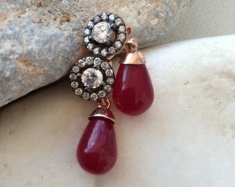 FREE SHIPPING Edwardian vintage antique inspired Earring red drop sterling gold
