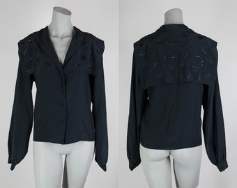 SALE Vintage 80s Blouse / 1980s Black Silk Avant Garde Capelet Blouse M L