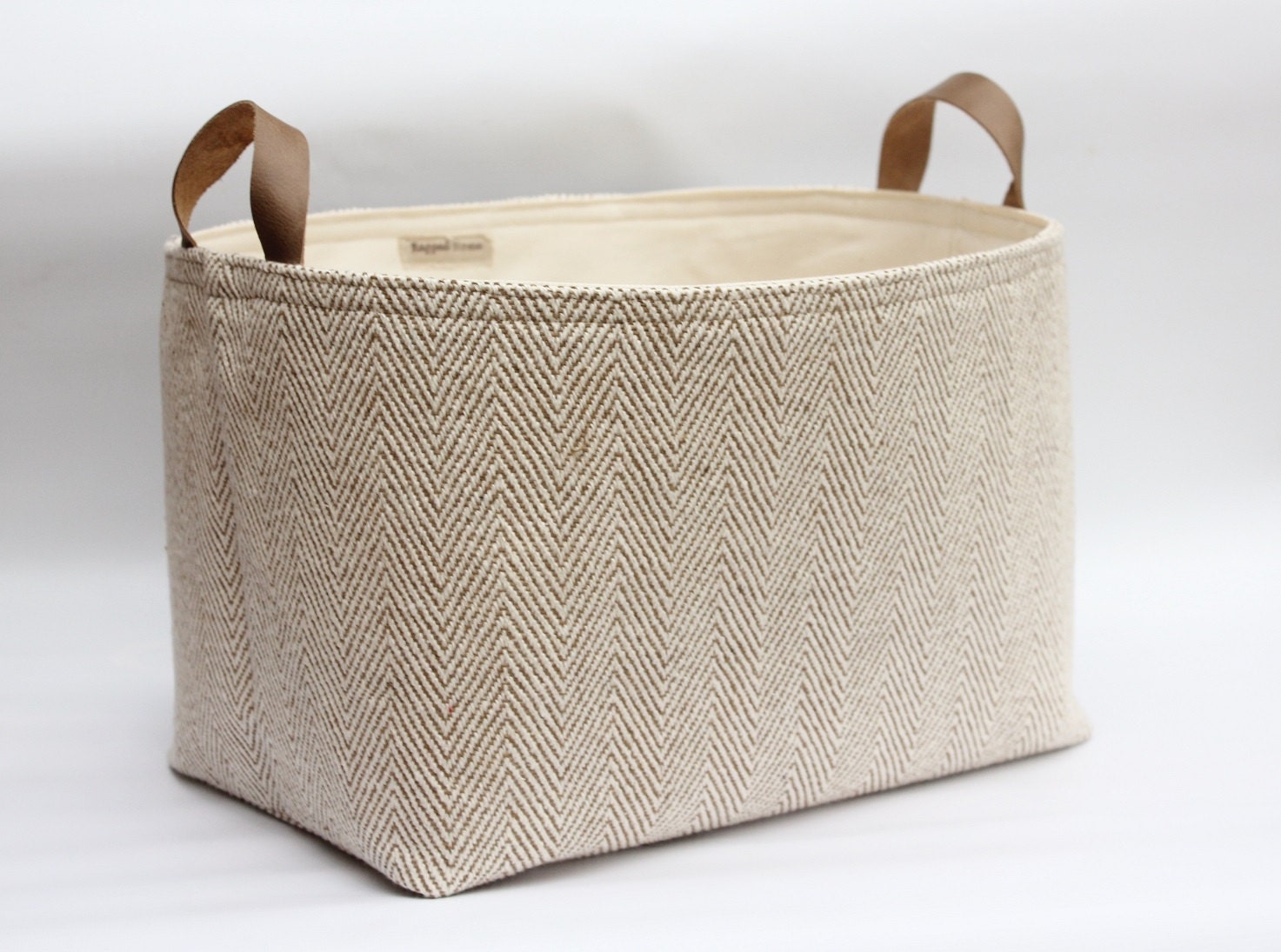 Fabric Storage Basket Herringbone Woven Cotton Leather