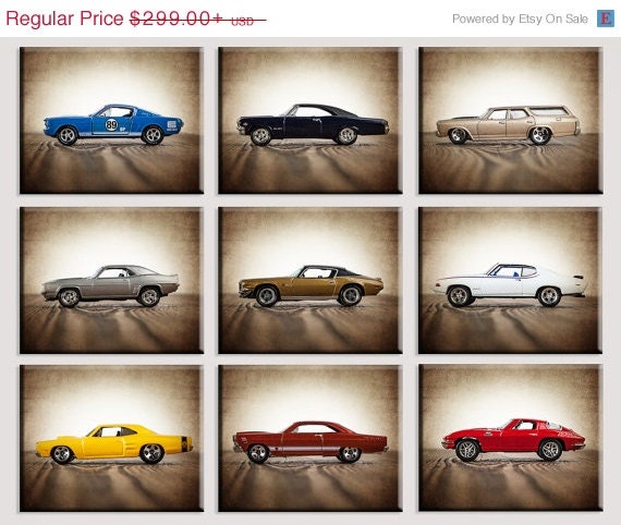 FLASH SALE Vintage Muscle Cars Set of Nine Canvas Prints, Nursery Decor, Rustic Decor , Boys Wall Art, Car Prints, Boys Wall Art, Boys Room