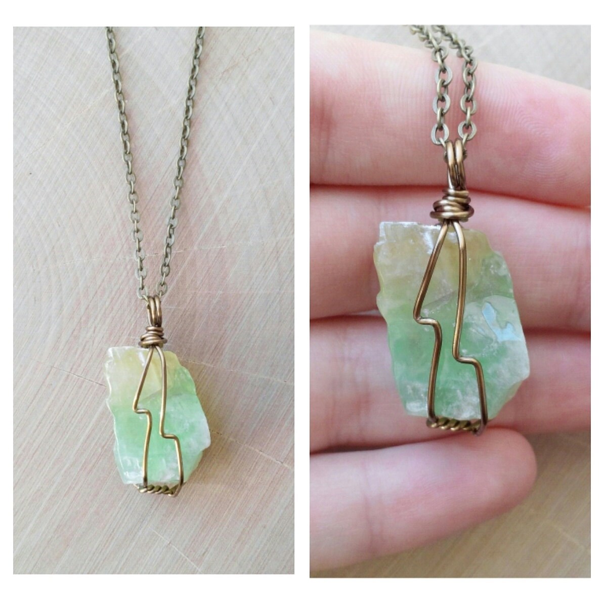 Wire Wrapped Green Calcite Necklace by DrunkenMermaid on Etsy