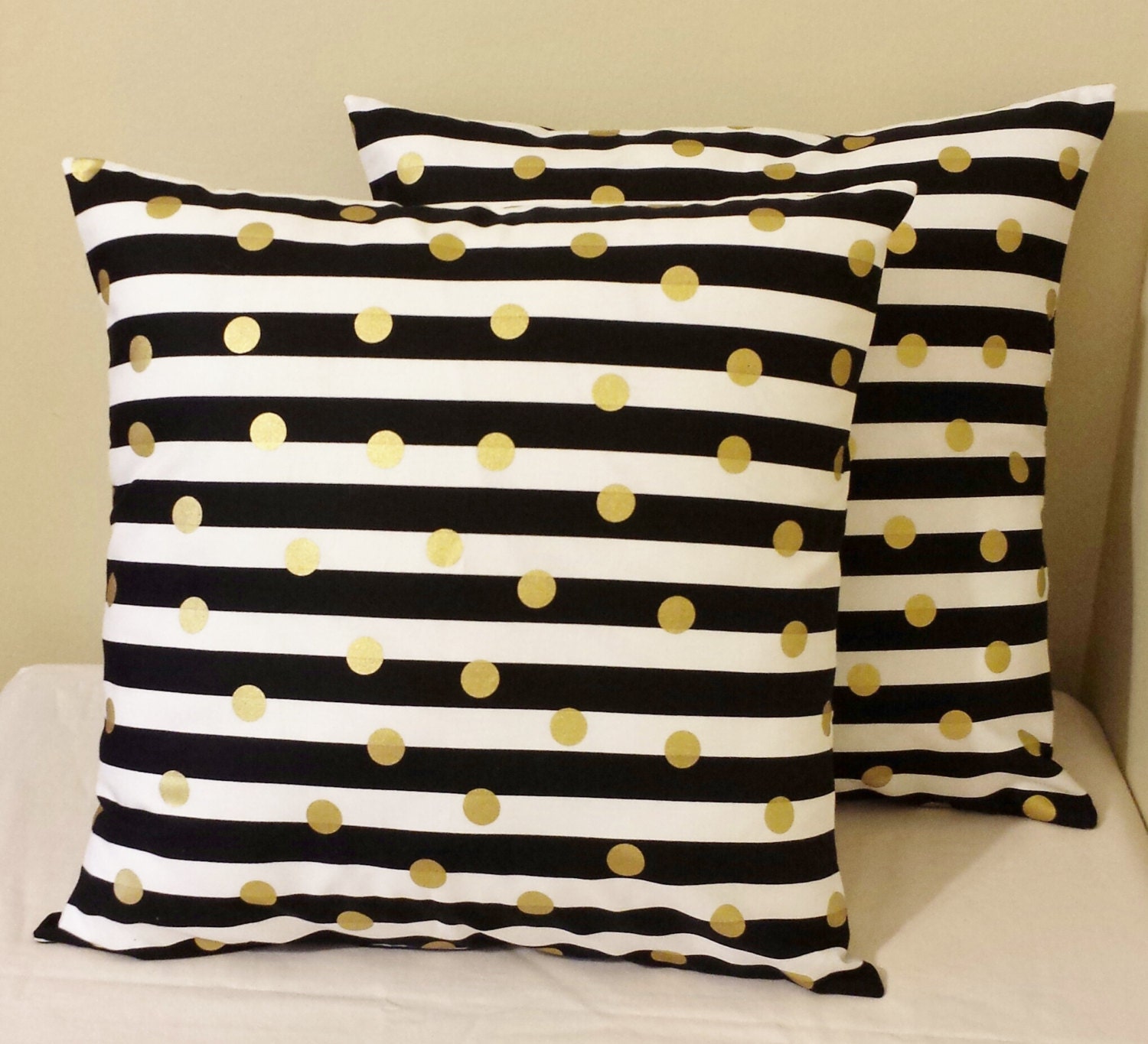 Set of 2 Black white striped gold polka dots pillow covers