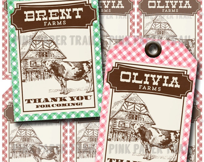 Farm / Barnyard Favor Tags - Thank you tags - Customizable Name - Choose between red, green or pink