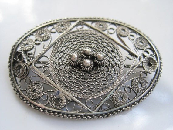 Silver Filigree Brooch from Jerusalem Jewish Pin 1950s