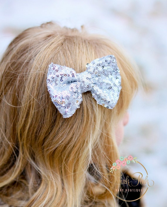 Silver Hair Bow_CHOOSE COLOR_Hair Bows,Baby Hair Clips,Red Hair Bow,Sequined Gold Hair Bow, Girls Hair Bows- Hair Bows, Clippies,hairbows. by ThinkPinkBows