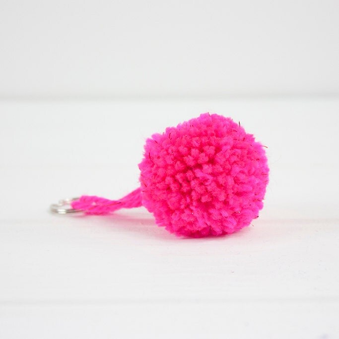 Bright Pink Glitter Yarn Pom Pom Keychain by AlexiaClaire on Etsy