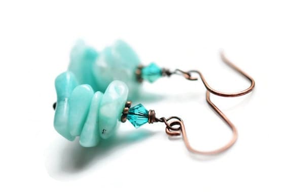 Amazonite Earrings, Antique Copper Earrings, Zircon Swarovski Earrings, Gemstone Earrings