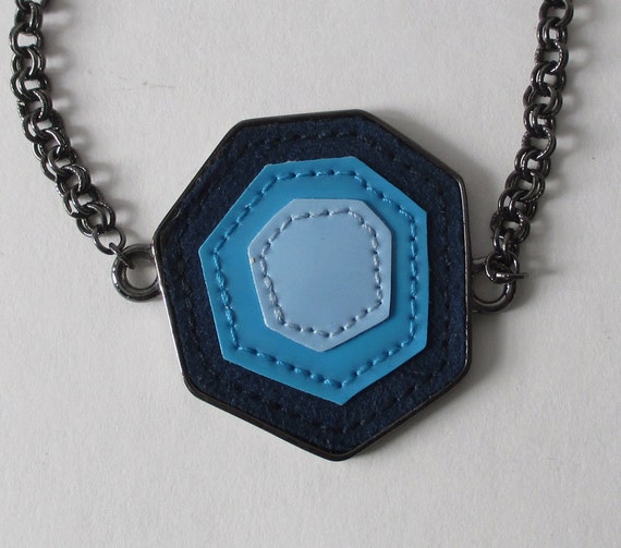 Statement Necklace with Shades of Blue Pendant and Gunmetal Chain