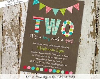 twin baby shower invitation polka dots bunting banner rainbow sip and see baby sprinkle birthday diaper (item 1514) shabby chic invitations