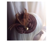 Fascinator / Brooch,Copper & Gold Knit Yarn Embellished With Feathers, Gold Cabuchon, Dual Purpose Pin / Clip Hair, Coat, Bag, FREE SHIP USA