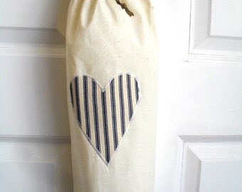 Carrier Bag Holder With Navy Stripe Ticking Fabric Heart
