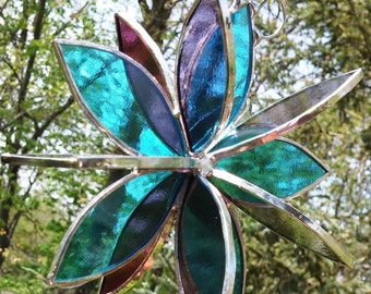 Stained glass 3D flower twirl garden suncatcher aqua grape purple outdoor patio decor garden sculpture yard art