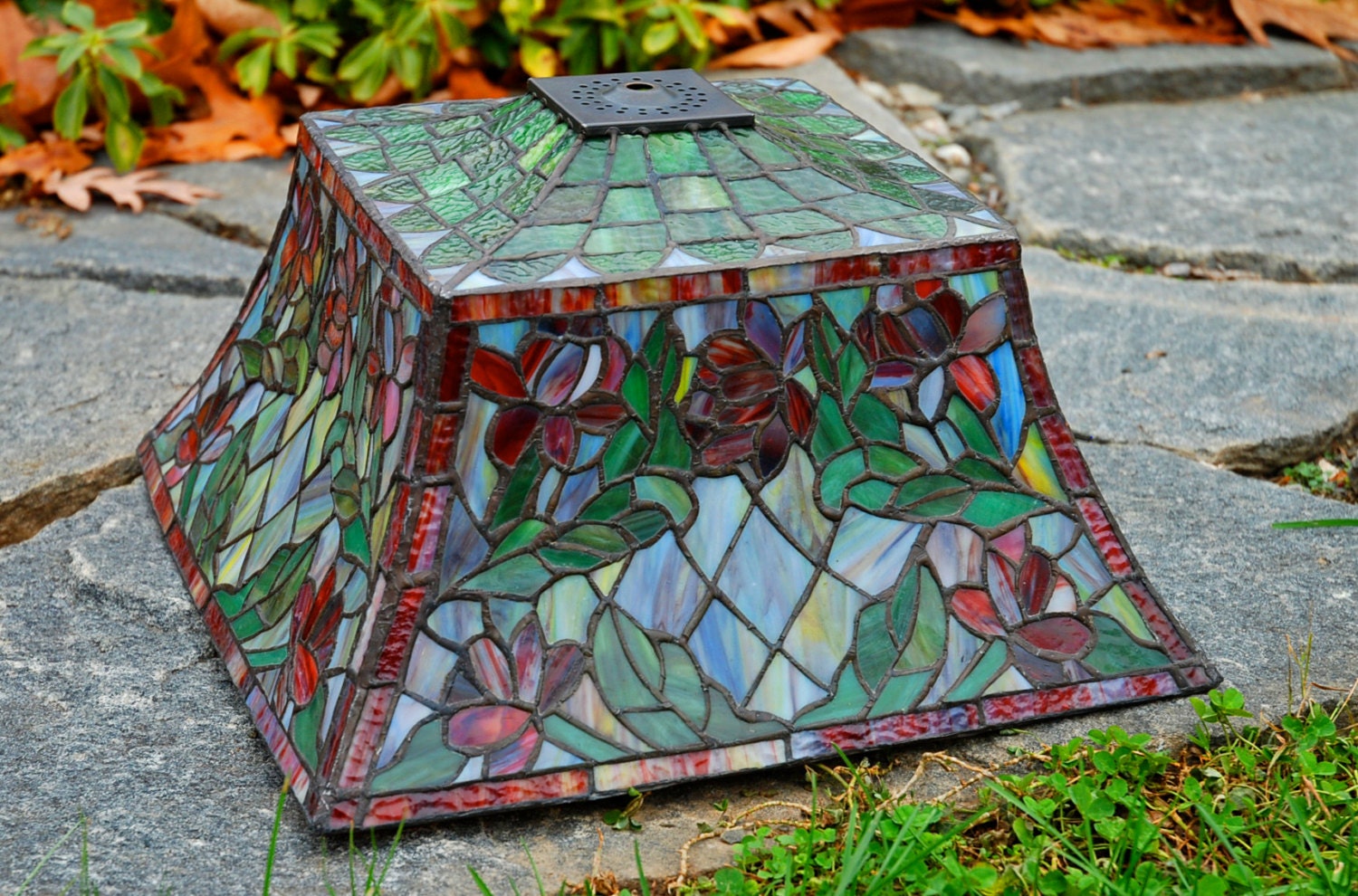 14 Square Floral Stained Glass Lamp Shade