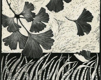 Art Card of Gingko leaves and grasses from Scraperboard design