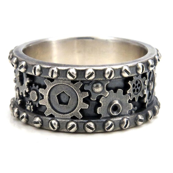 Distressed Silver Gear Ring - Steampunk Industrial Cogs and Rivets by SwankMetalsmithing steampunk buy now online