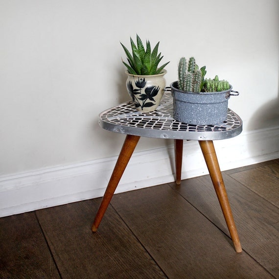 1950s Small Tripod Table/ Plant Stand. Black Light blue