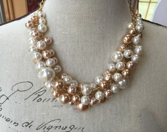 Statement Pearl necklace in Ivory and champagne pearls with gold chain