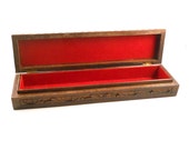 Hand Carved Box for pencils or paint brushes keepsakes Peacock on lid