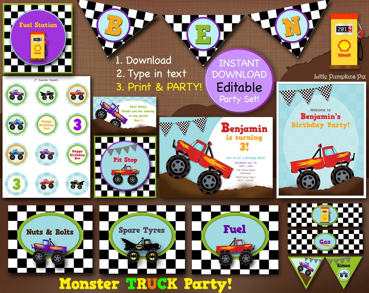 EDITABLE Monster Truck Party Printables Monster Truck