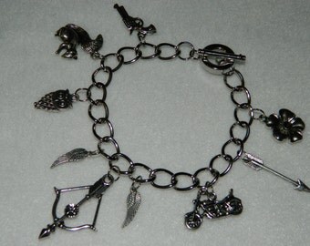 8" Daryl Dixon/The Walking Dead Silver Charm Bracelet Crossbow Squirrel Cherokee Rose Wings Motorcycle