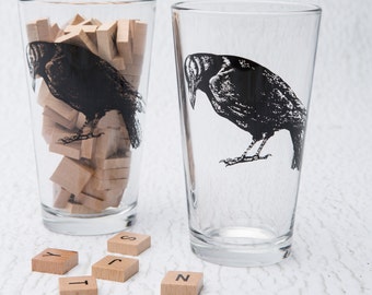 Crow Pint Glass - Screen Printed - Glassware - Barware - Bird - Screenprint - Made in USA - Beer Glass - Gift for him
