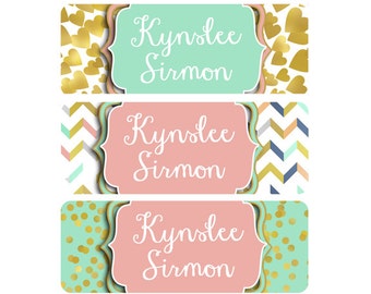 School Name Labels, Girl, Daycare Name Labels, Waterproof, Dishwasher Safe, Baby Bottle Labels, Clothing Name Labels, Name Tags, Pink, Mint