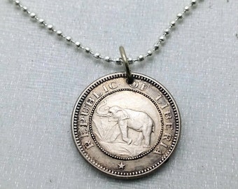 ELEPHANT COIN necklace - African elephant - Palm Tree necklace - Elephant jewelry - antique 1941 Liberia coin - Africa necklace