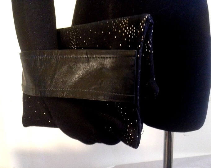 Folded Clutch Gold Dotted Black Felt with a Black Leather Arm Band