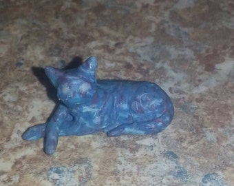 Tiny Kitty, Glowing Eyes ~ 0.5" tall! ~ Marbled Blue, Periwinkle, Purple ~ Polymer Clay Figurine ~ OOAK Handmade