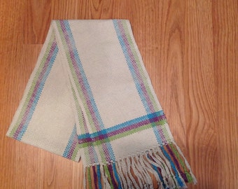 Handwoven Scarf ~ Cream/blue/purple/green