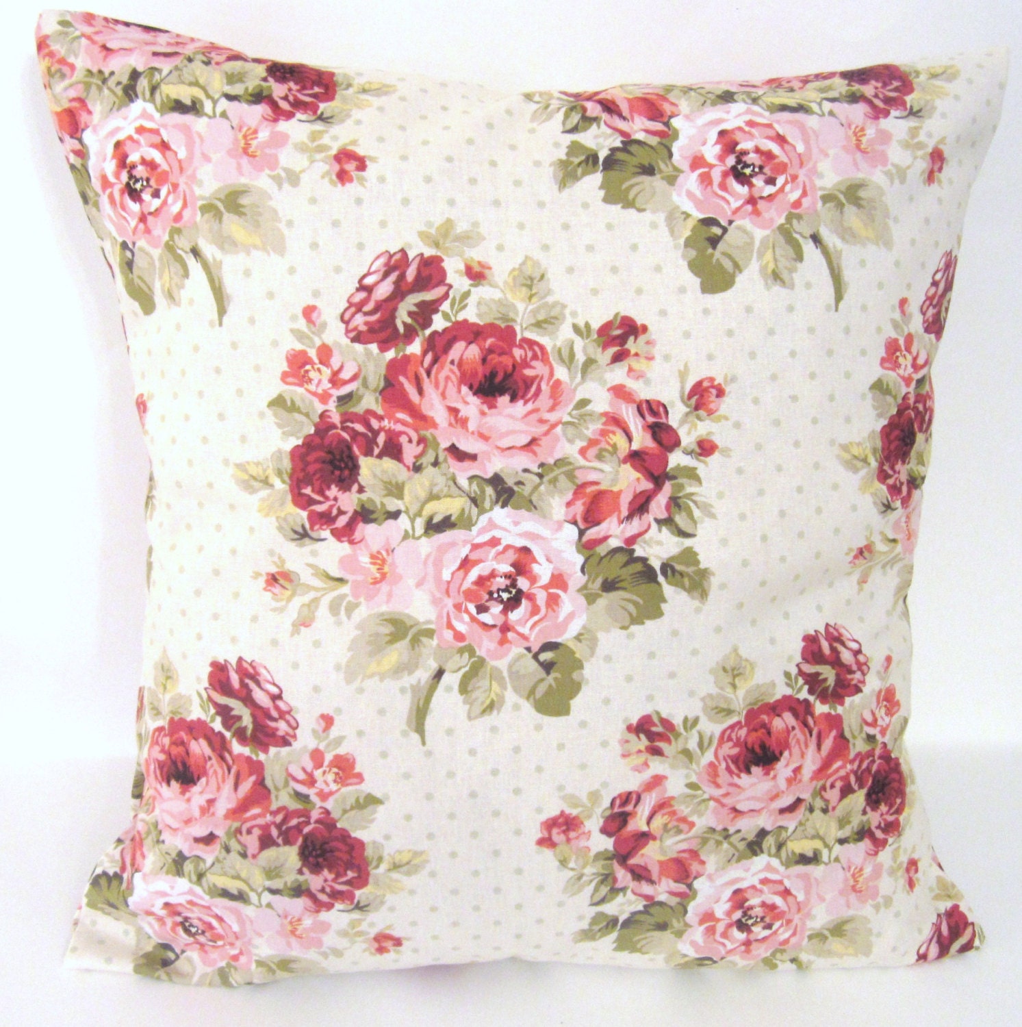 Cabbage rose with Polka dot Vintage Pillow Cover/ Cottage Chic