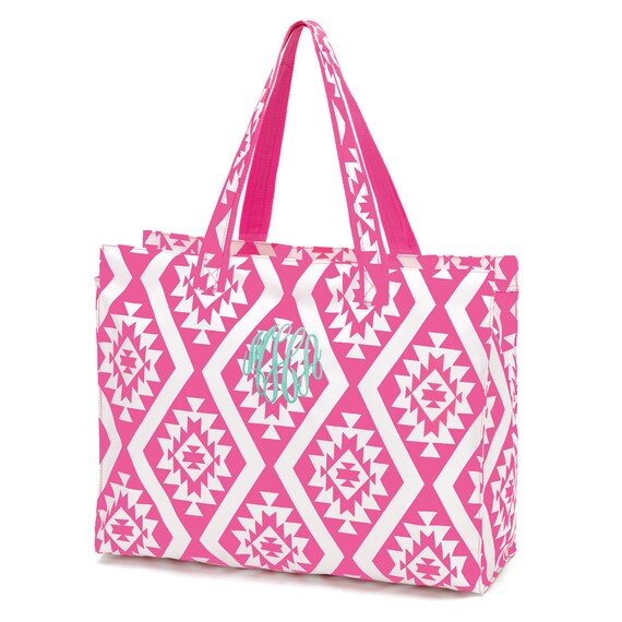 Monogrammed pink tote bag, Large personalized beach tote bag, Pink ...