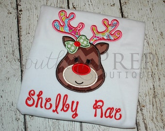 Girl's Reindeer Shirt - Christmas Applique Design - Girl's holiday shirt