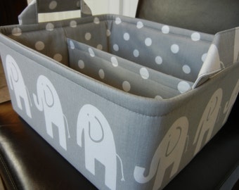 LG Diaper Caddy12" x 10" x 6"(choose Lining COLORS)"One Divider -Baby Gift-Fabric Storage Organizer-Elephant-"White Ele on Grey"