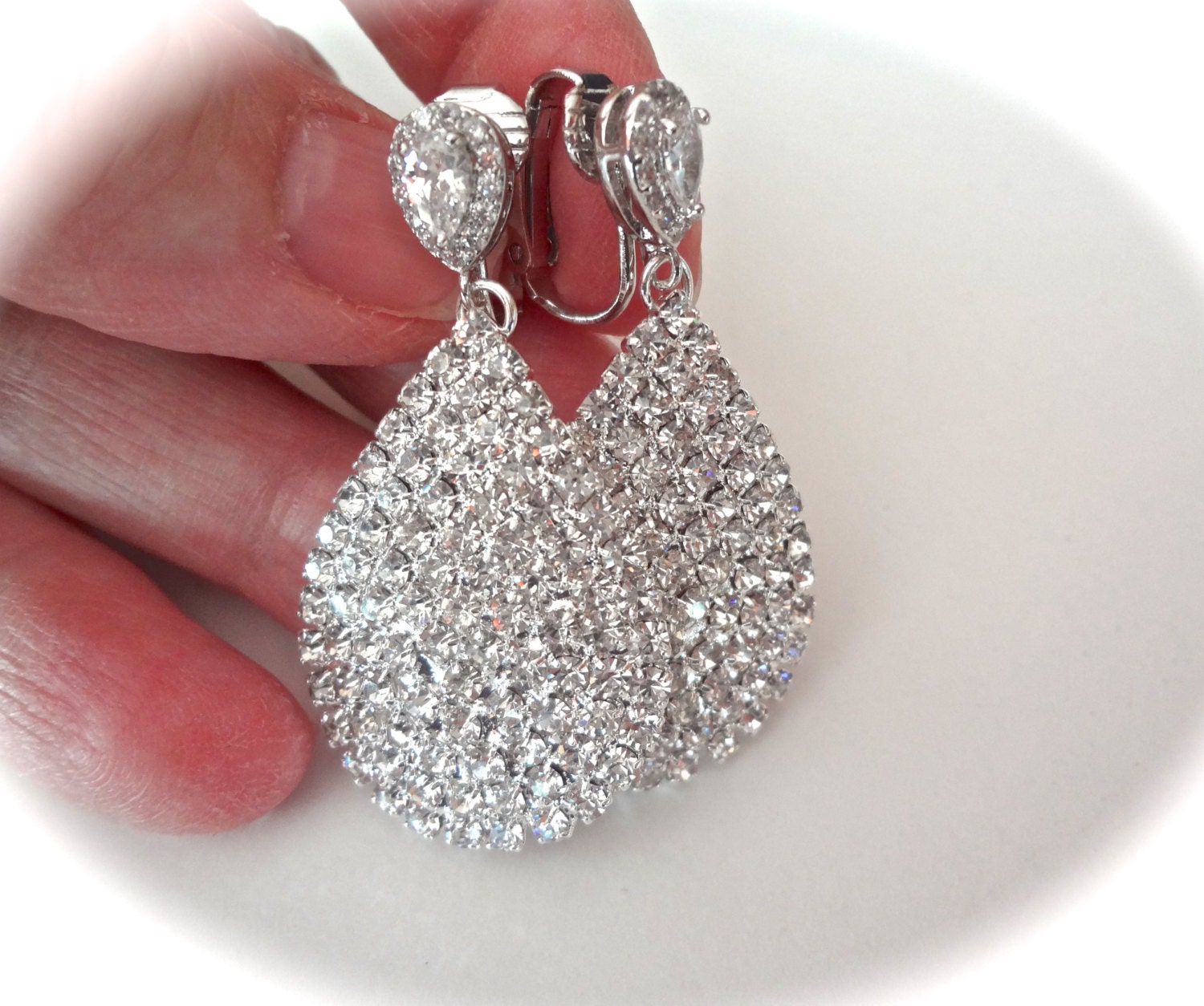 Crystal rhinestone earrings Clipon's Bridal by QueenMeJewelryLLC