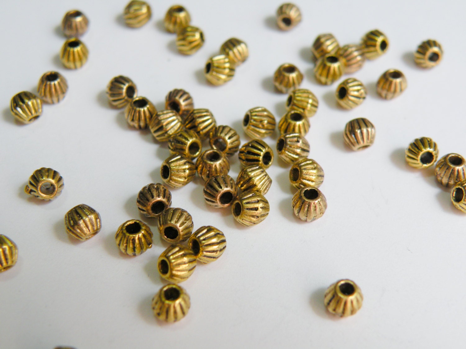 50 Corrugated bicone beads antique gold double cone 3.5x4mm