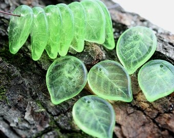 Light Green leaf beads, big size leaves, czech glass beads, flat, large, pressed beads - 18mm - 12Pc - 2108
