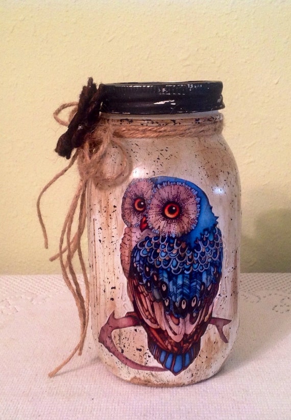Mason UpCycled Quart Jar.Owl Decor Country Home Owl Lover