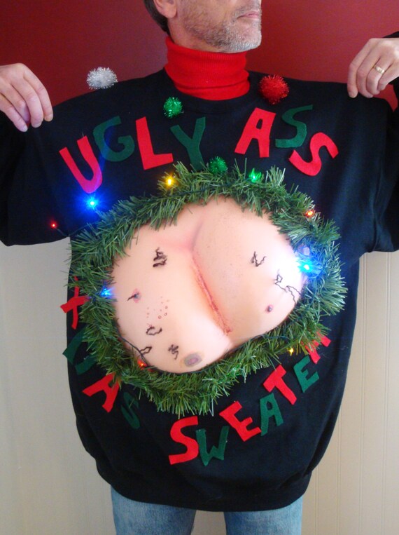 pom pom garland lights Ugliest Christmas mas. ASS Ever Sweater X UGLY Xmas Gross Black