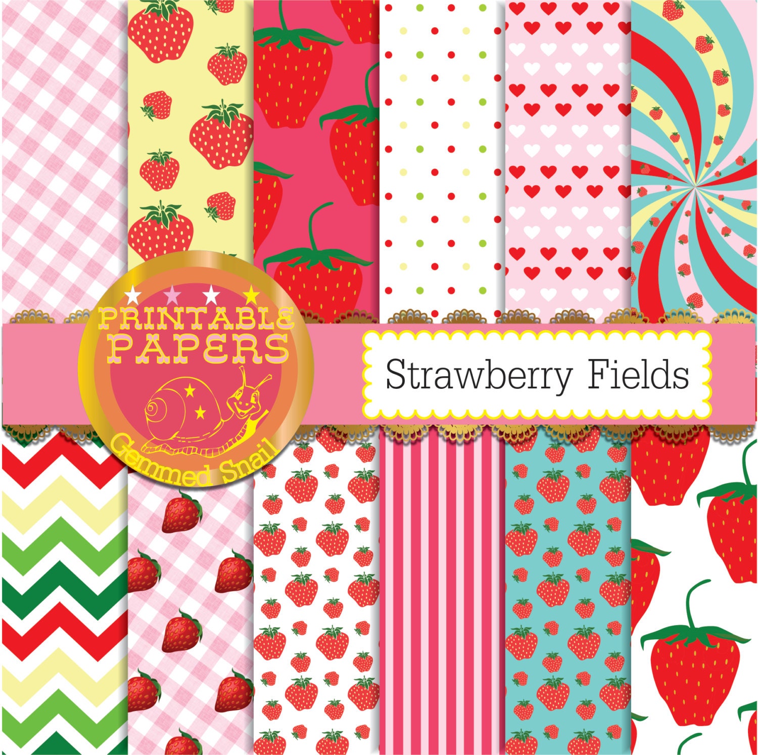 Strawberry digital paper 'Strawberry Fields' fruit by GemmedSnail