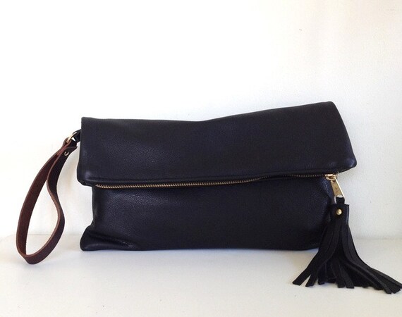 Black leather clutch bag leather fold over by GingerandBrown