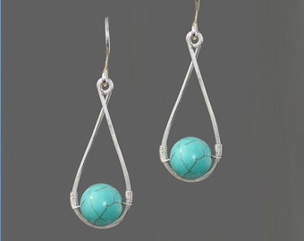 Sterling silver wiring turquoise teardrop earrings Bridesmaid gifts Free US Shipping handmade Anni designs