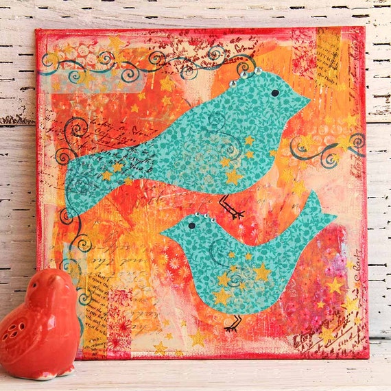 Turquoise Birds Mixed Media Painting on 8x8 Canvas Board, Original Artwork, Home Decor, Wall Hanging