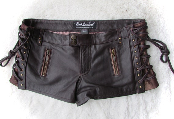 leather steampunk shorts brown purple leather laceup shorts biker pixie style burning man by EnchantedClothing steampunk buy now online