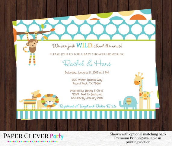 Safari baby shower invitations aqua and orange -- modern boys jungle shower invite -- digital file printable Il_570xn