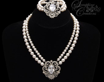 Wedding Jewelry Bridal Pearl Necklace Bracelet Wedding Jewelry Bridal Jewelry Pearls Cubic Zirconia Rhinestone Vintage Calliope KPL024